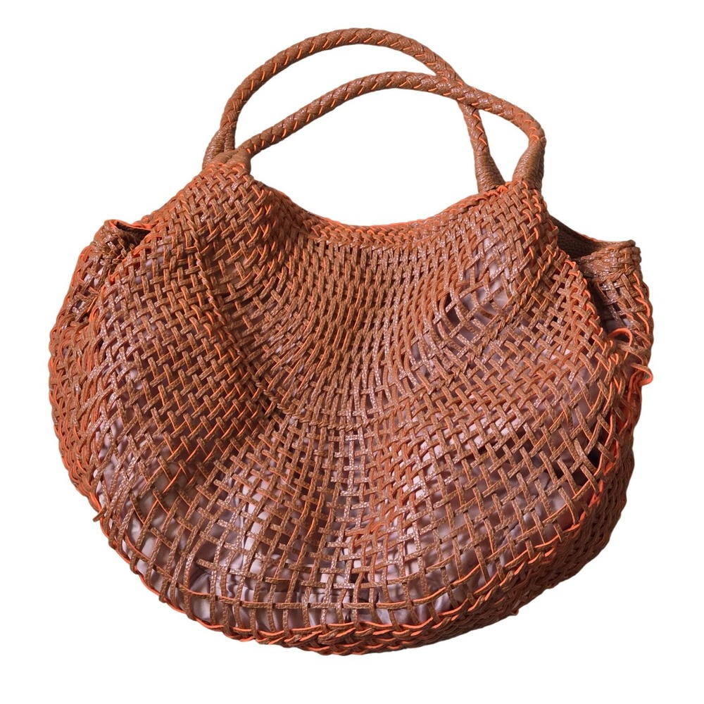 SR Squared by Sondra Roberts Woven Leather Hobo Tote Brown Orange Boho